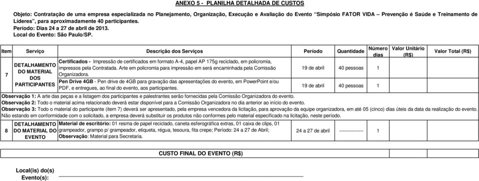 8 DO MATERIAL PARTICIPANTES Pen Drive 4GB - Pen drive de 4GB para gravação das apresentações do evento, em PowerPoint e/ou PDF, e entregues, ao final do evento, aos participantes.