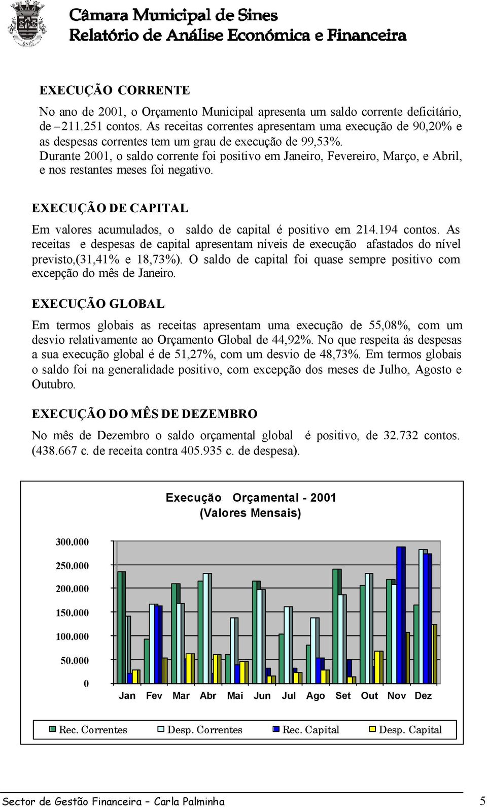 Durante 2001, o saldo corrente foi positivo em Janeiro, Fevereiro, Março, e Abril, e nos restantes meses foi negativo. EXECUÇÃO DE CAPITAL Em valores acumulados, o saldo de capital é positivo em 214.