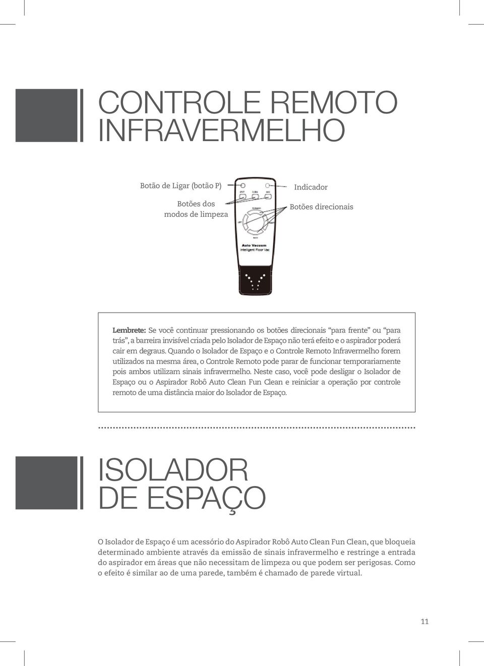 Quando o Isolador de Espaço e o Controle Remoto Infravermelho forem utilizados na mesma área, o Controle Remoto pode parar de funcionar temporariamente pois ambos utilizam sinais infravermelho.