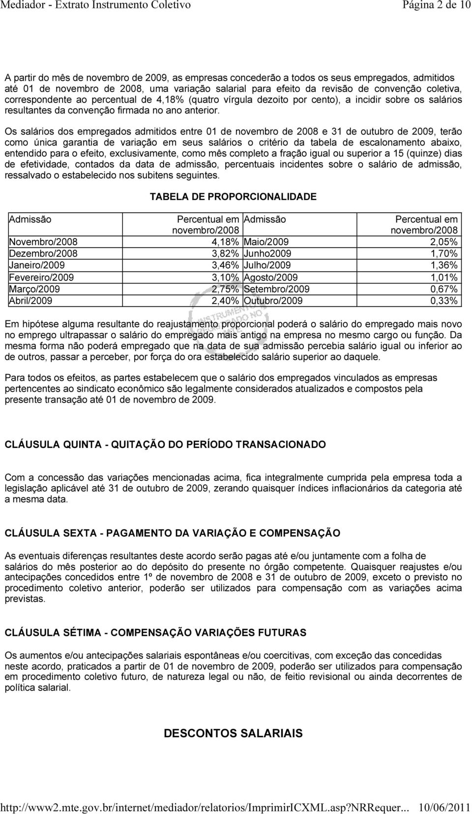 Os salários dos empregados admitidos entre 01 de novembro de 2008 e 31 de outubro de 2009, terão como única garantia de variação em seus salários o critério da tabela de escalonamento abaixo,