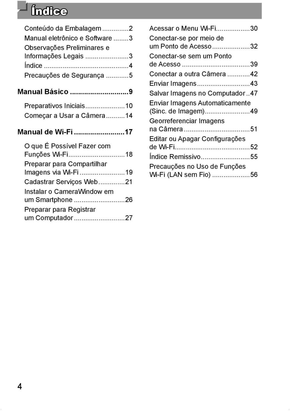 ..21 Instalar o CameraWindow em um Smartphone...26 Preparar para Registrar um Computador...27 Acessar o Menu Wi-Fi...30 Conectar-se por meio de um Ponto de Acesso.