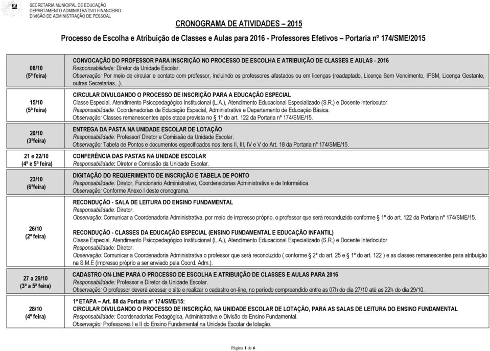 Observação: Por meio de circular e contato com professor, incluindo os professores afastados ou em licenças (readaptado, Licença Sem Vencimento, IPSM, Licença Gestante, outras Secretarias...).