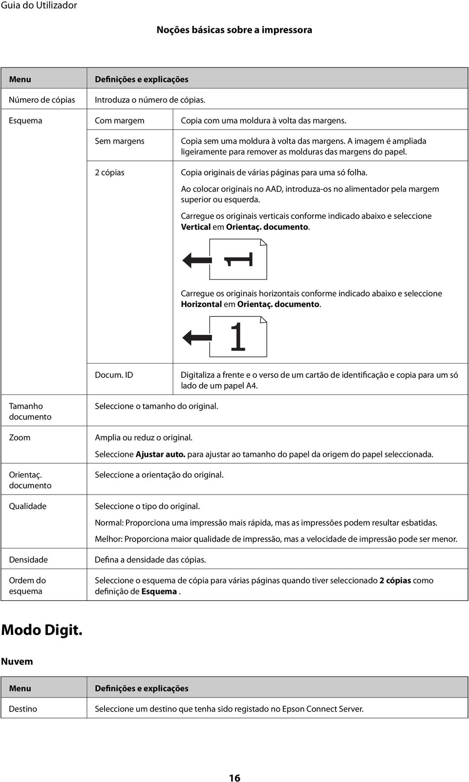 Ao colocar originais no AAD, introduza-os no alimentador pela margem superior ou esquerda. Carregue os originais verticais conforme indicado abaixo e seleccione Vertical em Orientaç. documento.