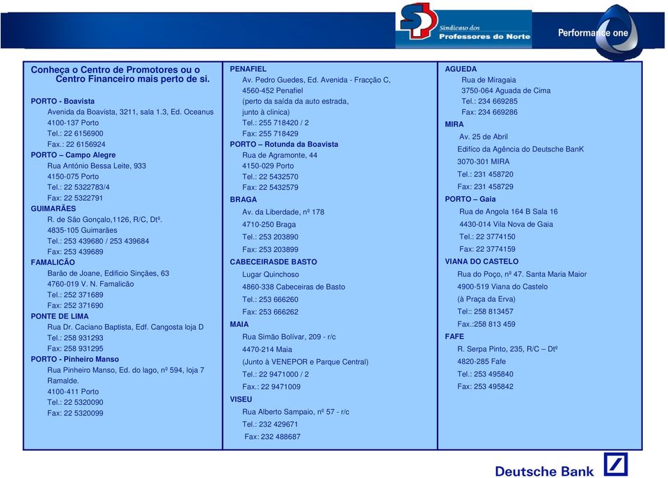 : 253 439680 / 253 439684 Fax: 253 439689 FAMALICÃO Barão de Joane, Edificio Sinçães, 63 4760-019 V. N. Famalicão Tel.: 252 371689 Fax: 252 371690 PONTE DE LIMA Rua Dr. Caciano Baptista, Edf.