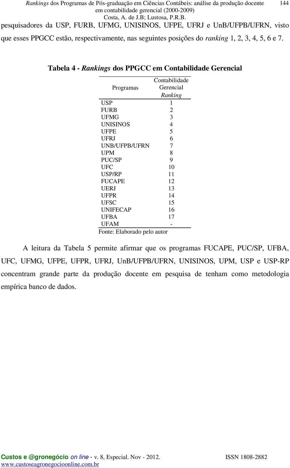 Tabela 4 - Rankings dos PPGCC em Contabilidade Gerencial Contabilidade Programas Gerencial Ranking USP 1 FURB 2 UFMG 3 UNISINOS 4 UFPE 5 UFRJ 6 UNB/UFPB/UFRN 7 UPM 8 PUC/SP 9 UFC 10 USP/RP 11 FUCAPE