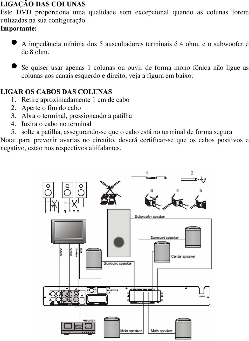 Se quiser usar apenas 1 colunas ou ouvir de forma mono fónica não ligue as colunas aos canais esquerdo e direito, veja a figura em baixo. LIGAR OS CABOS DAS COLUNAS 1.