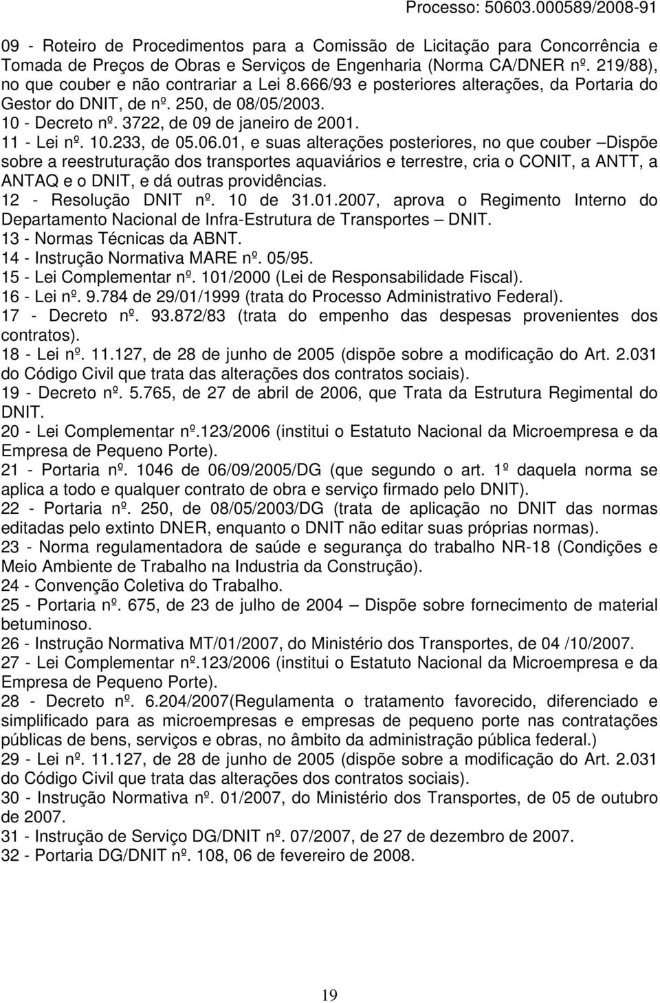 01, e suas alterações posteriores, no que couber Dispõe sobre a reestruturação dos transportes aquaviários e terrestre, cria o CONIT, a ANTT, a ANTAQ e o DNIT, e dá outras providências.