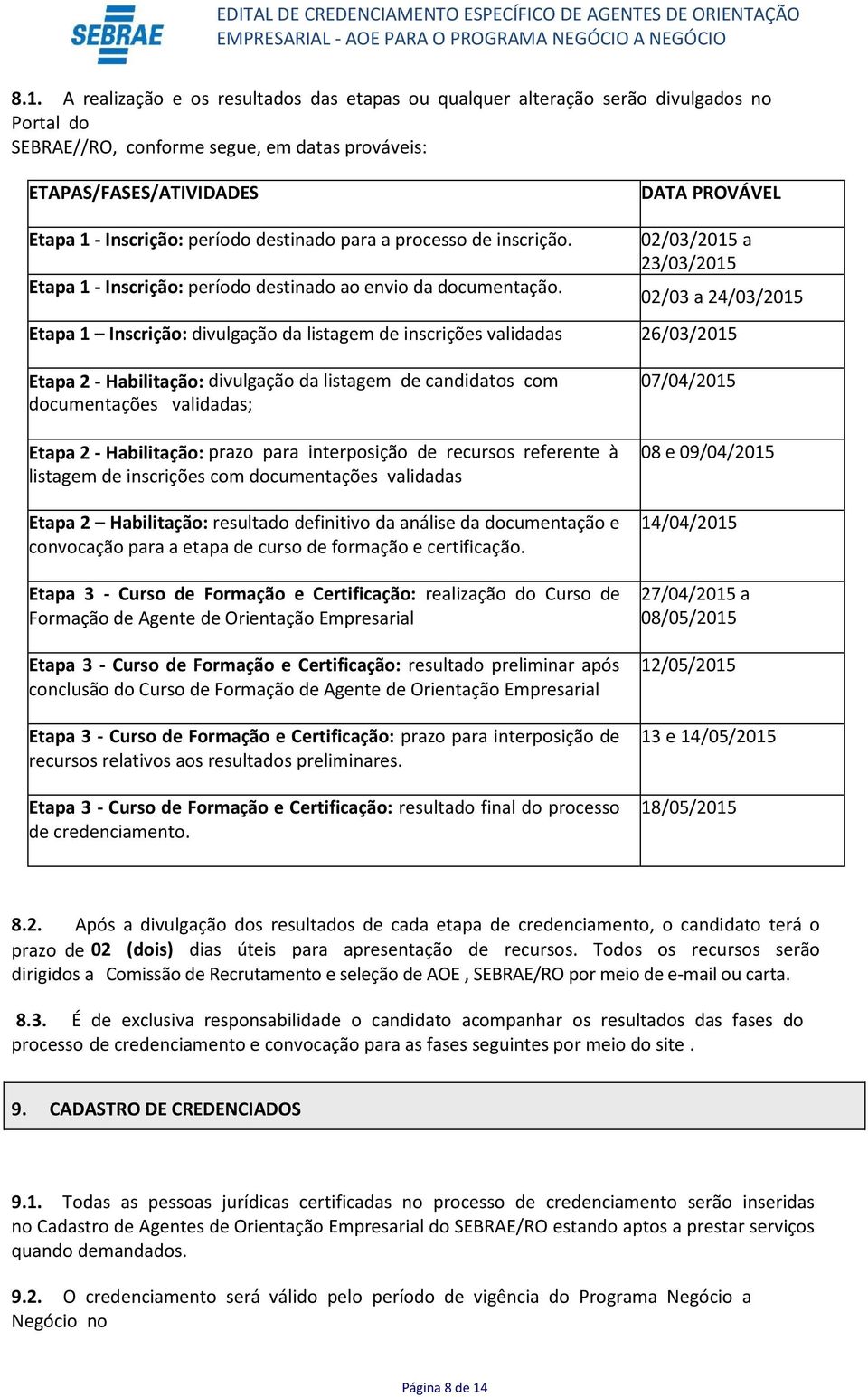 02/03/2015 a 23/03/2015 02/03 a 24/03/2015 Etapa 1 Inscrição: divulgação da listagem de inscrições validadas 26/03/2015 Etapa 2 - Habilitação: divulgação da listagem de candidatos com documentações