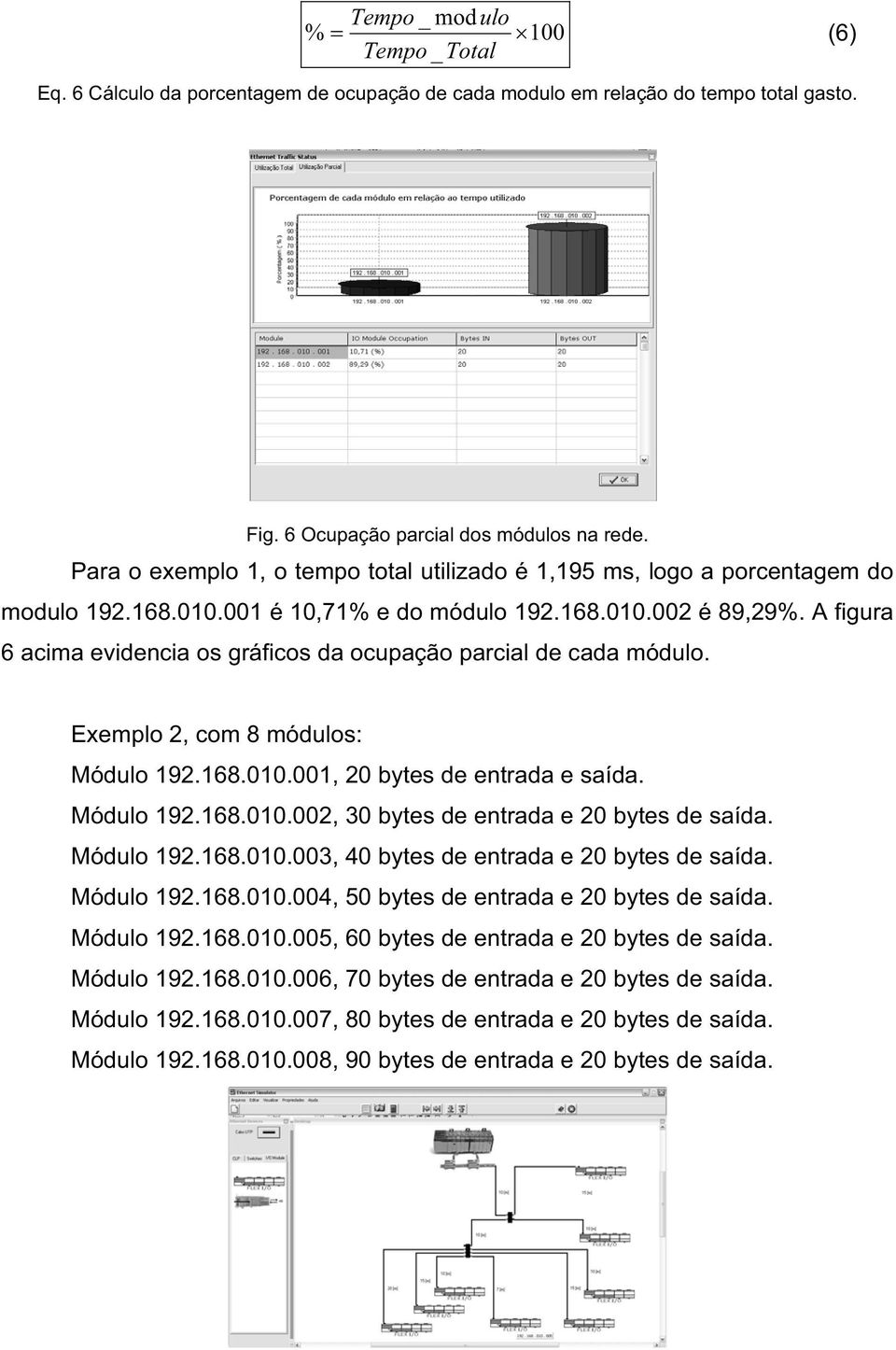 A figura 6 acima evidencia os gráficos da ocupação parcial de cada módulo. Exemplo 2, com 8 módulos: Módulo 192.168.010.001, 20 bytes de entrada e saída. Módulo 192.168.010.002, 30 bytes de entrada e 20 bytes de saída.