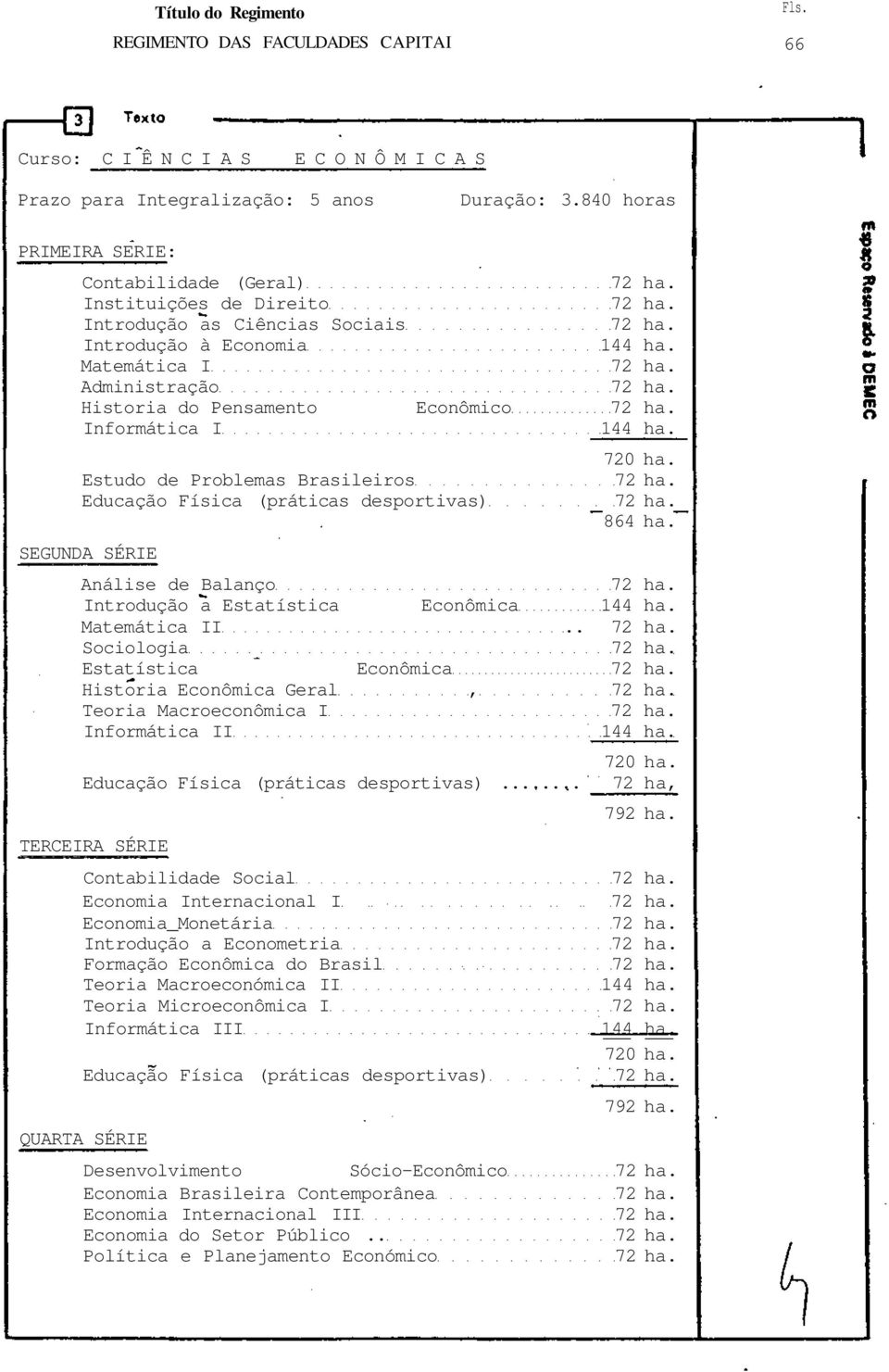 Estudo de Problemas Brasileiros Educação Física (práticas desportivas) SEGUNDA SÉRIE 864 ha. Análise de Balanço Introdução a Estatística Econômica Matemática II.