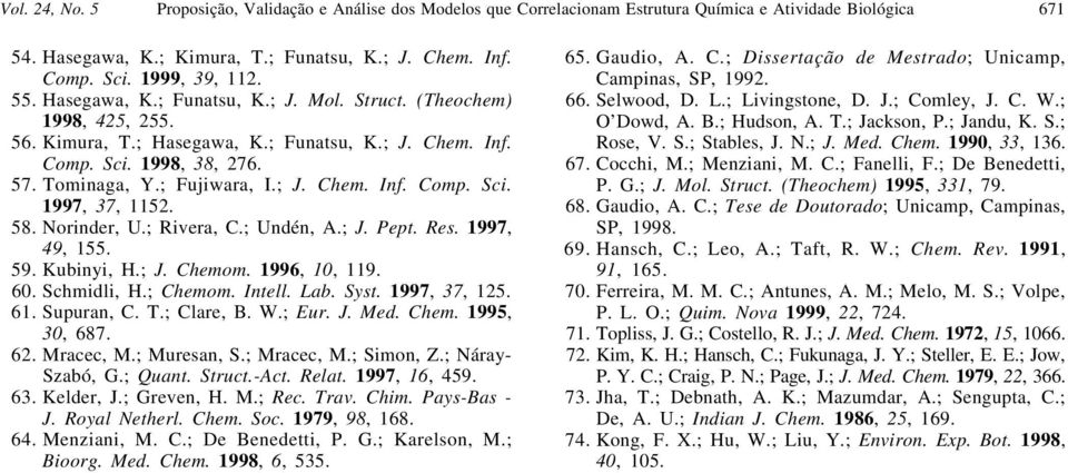 58. Nornder, U.; Rvera, C.; Undén, A.; J. Pept. Res. 1997, 49, 155. 59. Kubny, H.; J. Chemom. 1996, 10, 119. 60. Schmdl, H.; Chemom. Intell. Lab. Syst. 1997, 37, 15. 61. Supuran, C. T.; Clare, B. W.