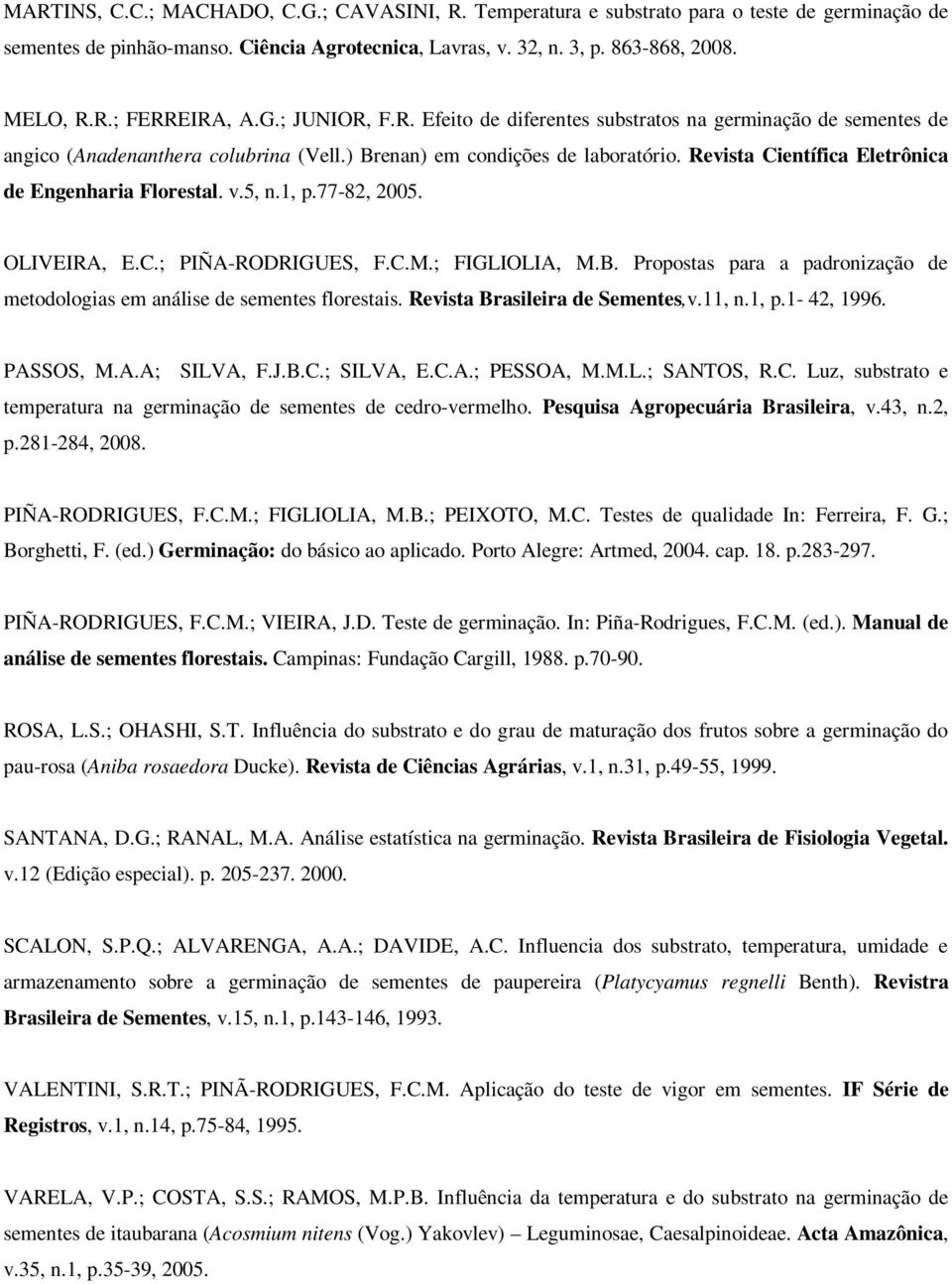 Revista Científica Eletrônica de Engenharia Florestal. v.5, n.1, p.77-82, 2005. OLIVEIRA, E.C.; PIÑA-RODRIGUES, F.C.M.; FIGLIOLIA, M.B.