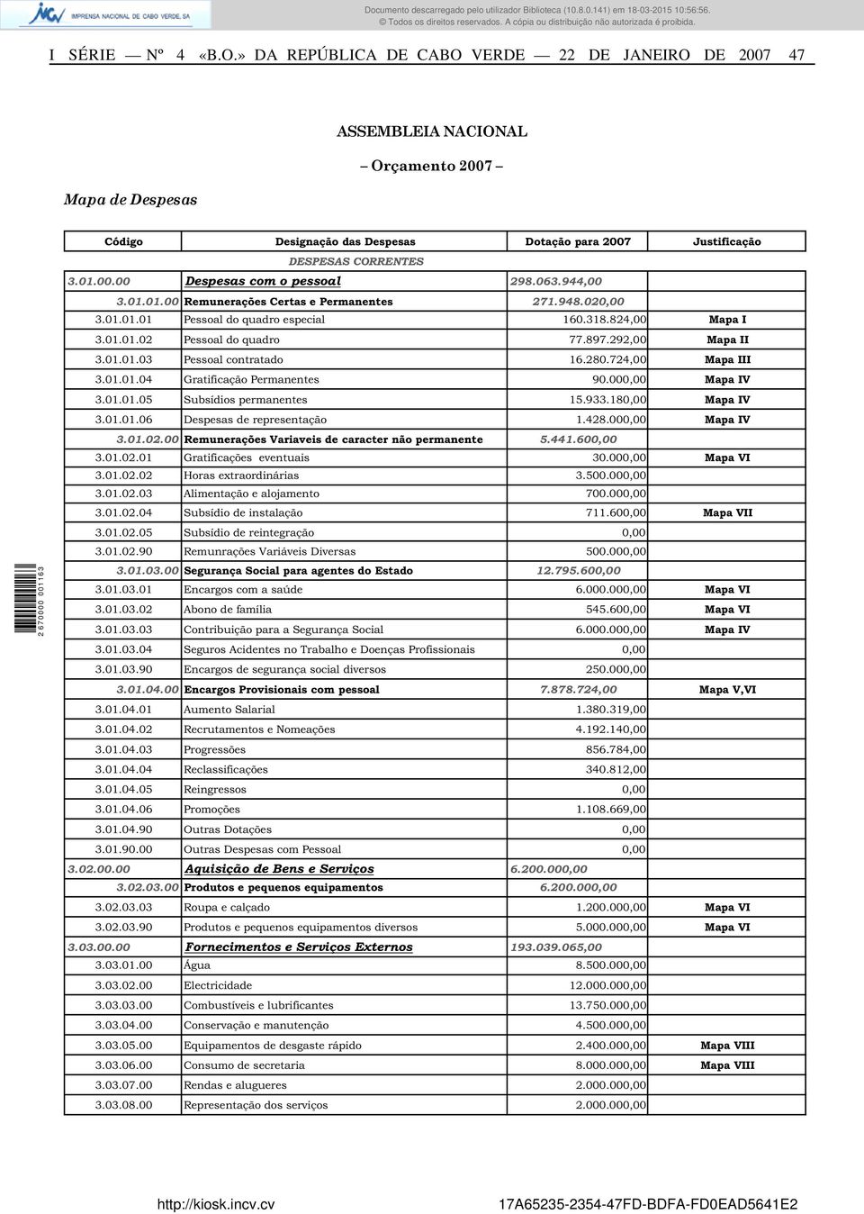 063.944,00 3.01.01.00 Remunerações Certas e Permanentes 271.948.020,00 3.01.01.01 Pessoal do quadro especial 160.318.824,00 Mapa I 3.01.01.02 Pessoal do quadro 77.897.292,00 Mapa II 3.01.01.03 Pessoal contratado 16.