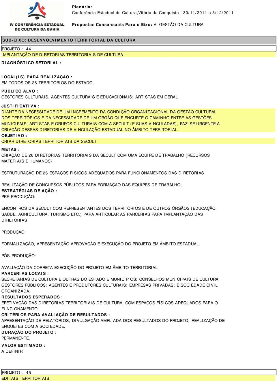 ÓRGÃO QUE ENCURTE O CAMINHO ENTRE AS GESTÕES MUNICIPAIS, ARTISTAS E GRUPOS CULTURAIS COM A SECULT (E SUAS VINCULADAS), FAZ-SE URGENTE A CRIAÇÃO DESSAS DIRETORIAS DE VINCULAÇÃO ESTADUAL NO ÂMBITO