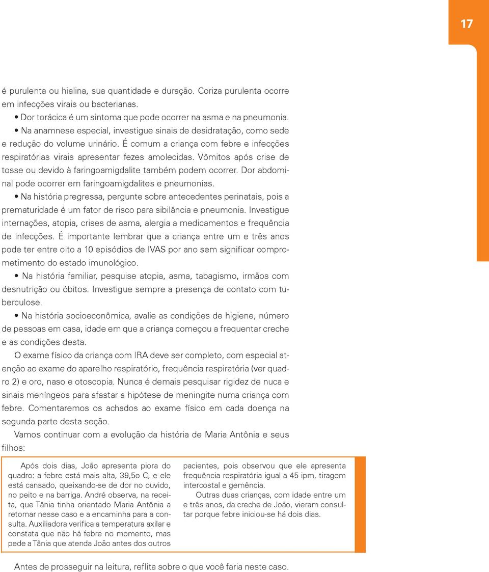 Vômitos após crise de tosse ou devido à faringoamigdalite também podem ocorrer. Dor abdominal pode ocorrer em faringoamigdalites e pneumonias.