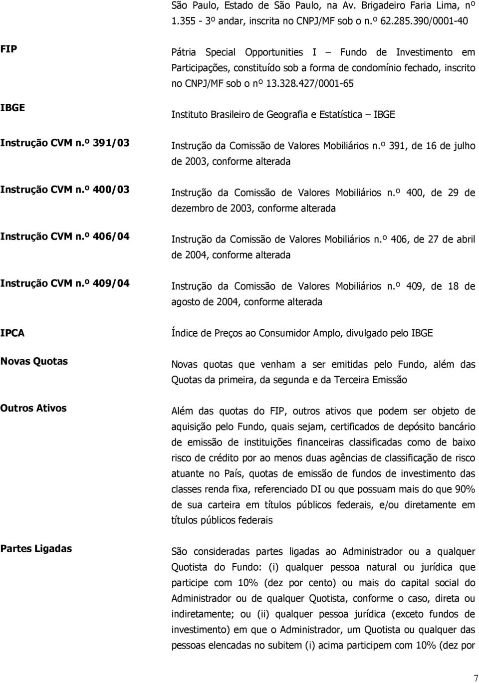 427/0001-65 Instituto Brasileiro de Geografia e Estatística IBGE Instrução CVM n.º 391/03 Instrução da Comissão de Valores Mobiliários n.