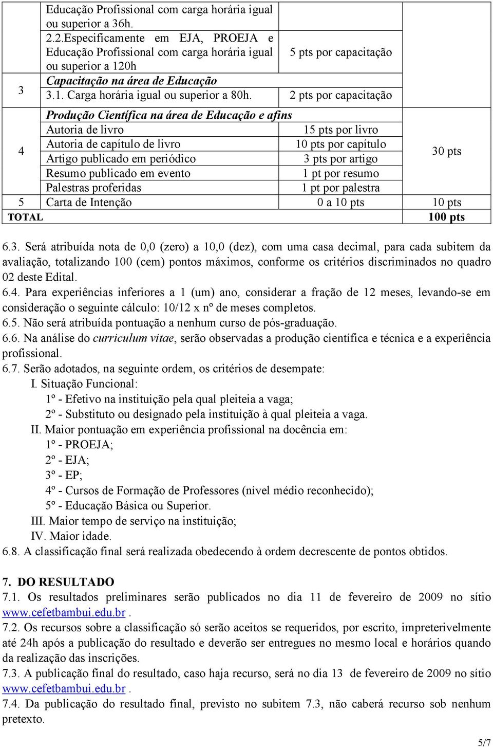 2 pts por capacitação Produção Científica na área de Educação e afins Autoria de livro 15 pts por livro 4 Autoria de capítulo de livro 10 pts por capítulo Artigo publicado em periódico 3 pts por