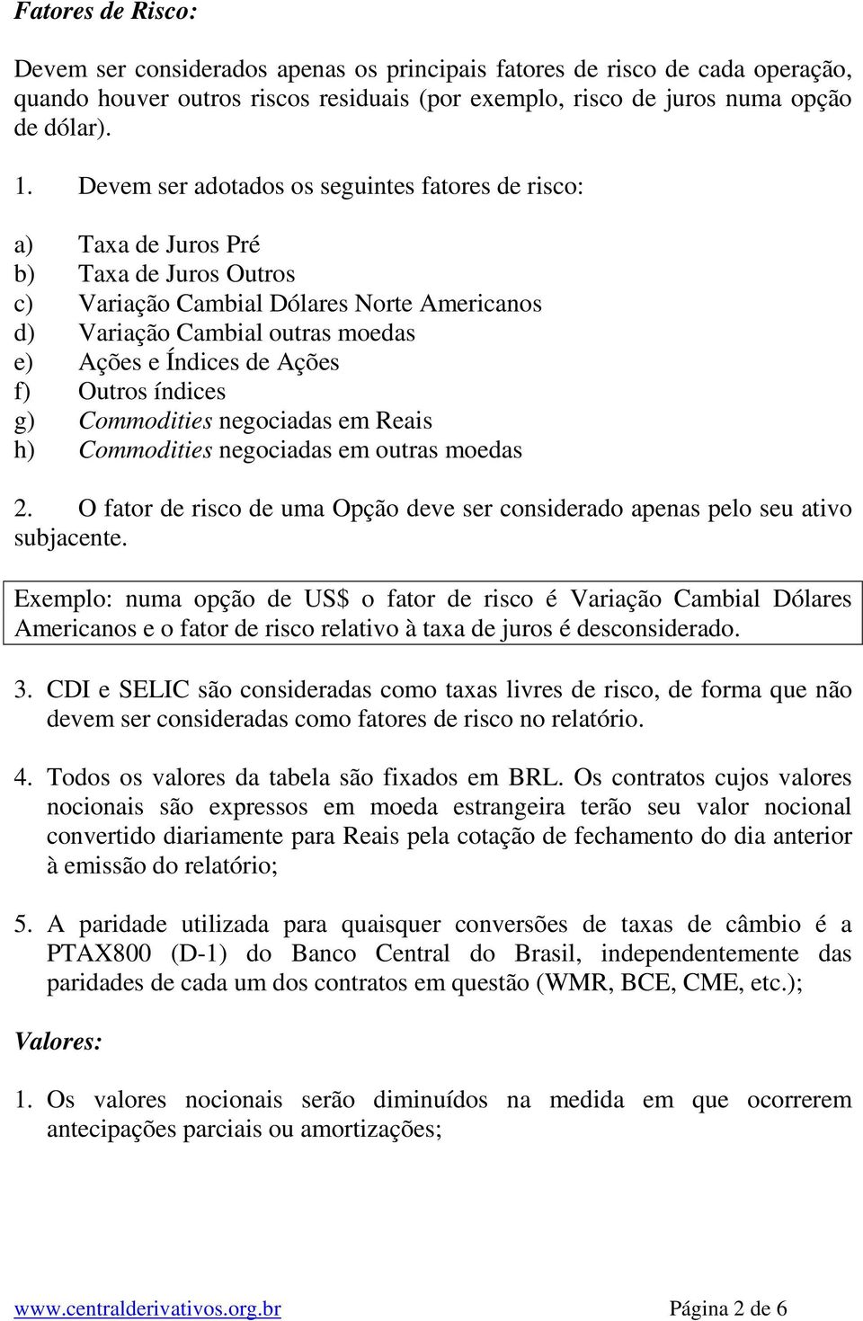 Ações f) Outros índices g) Commodities negociadas em Reais h) Commodities negociadas em outras moedas 2. O fator de risco de uma Opção deve ser considerado apenas pelo seu ativo subjacente.