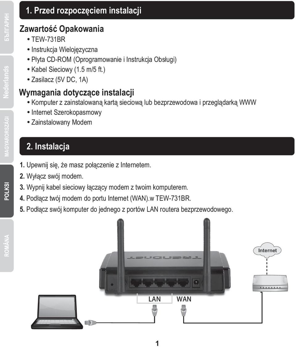 ) Zasilacz (5V DC, 1A) Wymagania dotyczce instalacji Komputer z zainstalowan kart sieciow lub bezprzewodowa i przegldark WWW Internet Szerokopasmowy