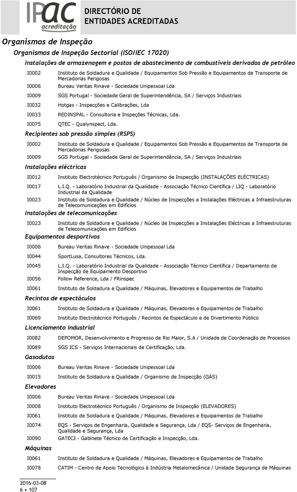 Superintendência, SA / Serviços Industriais Hotgas - Inspecções e Calibrações, Lda REDINSPAL - Consultoria e Inspeções Técnicas, Lda. QTEC - Qualynspect, Lda.