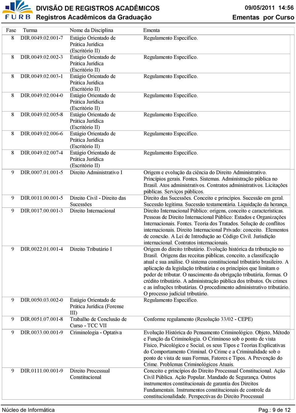 Direito Administrativo I Sucessões Direito Internacional Direito Tributário I (Forense III) Curso - TCC VII Criminologia - Optativa Direito Processual Constitucional Origem e evolução da ciência do