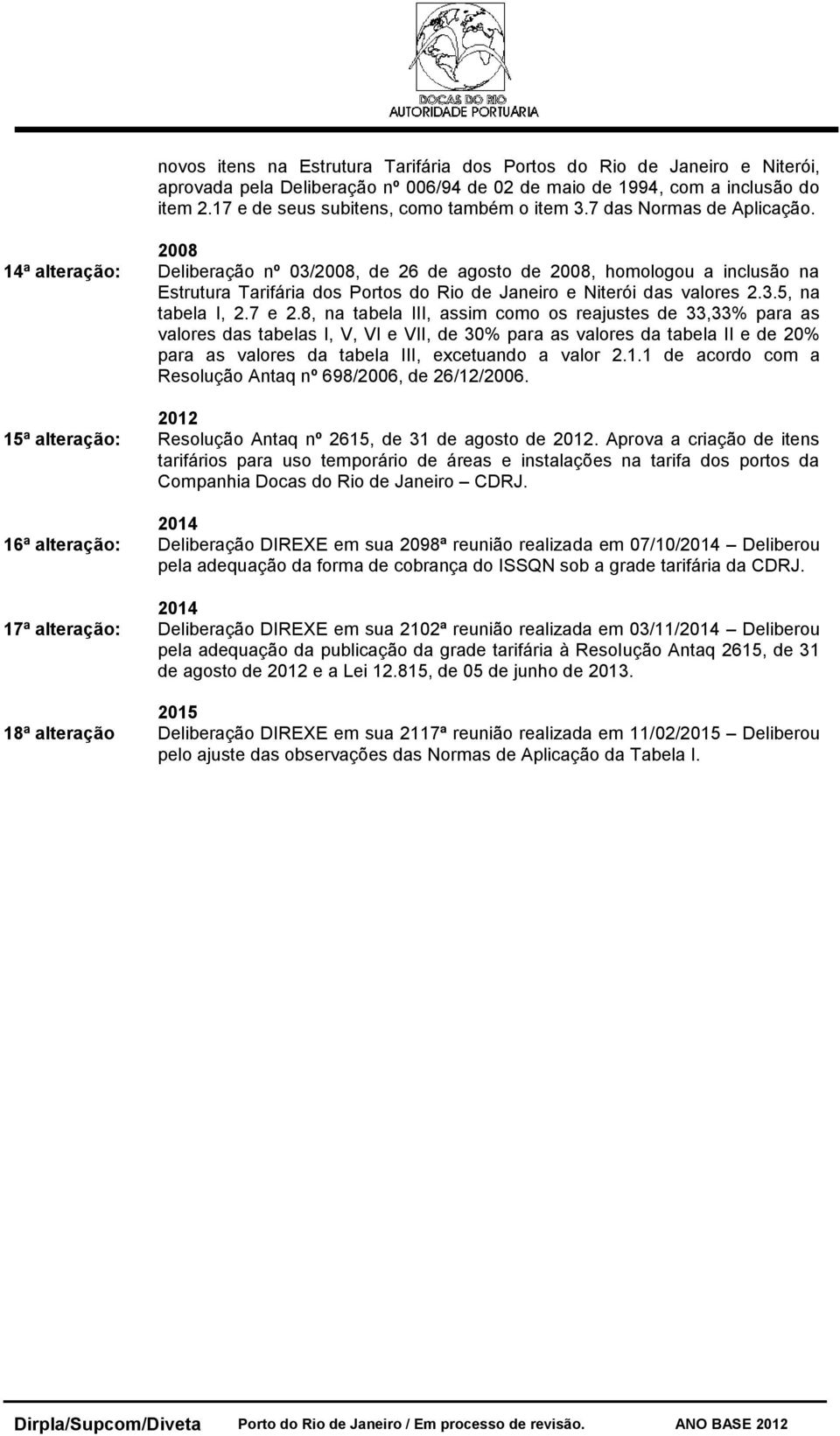 2008 14ª alteração: Deliberação nº 03/2008, de 26 de agosto de 2008, homologou a inclusão na Estrutura Tarifária dos Portos do Rio de Janeiro e Niterói das valores 2.3.5, na tabela I, 2.7 e 2.