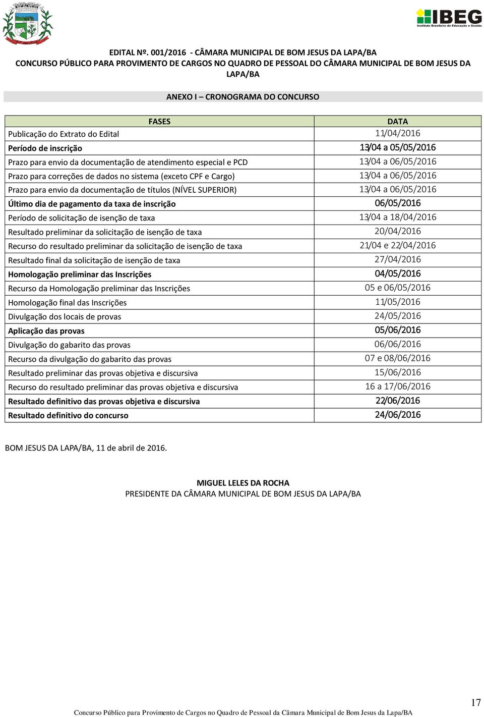 DATA Publicação do Extrato do Edital 11/04/2016 Período de inscrição 13/04 a 05/05/2016 Prazo para envio da documentação de atendimento especial e PCD 13/04 a 06/05/2016 Prazo para correções de dados