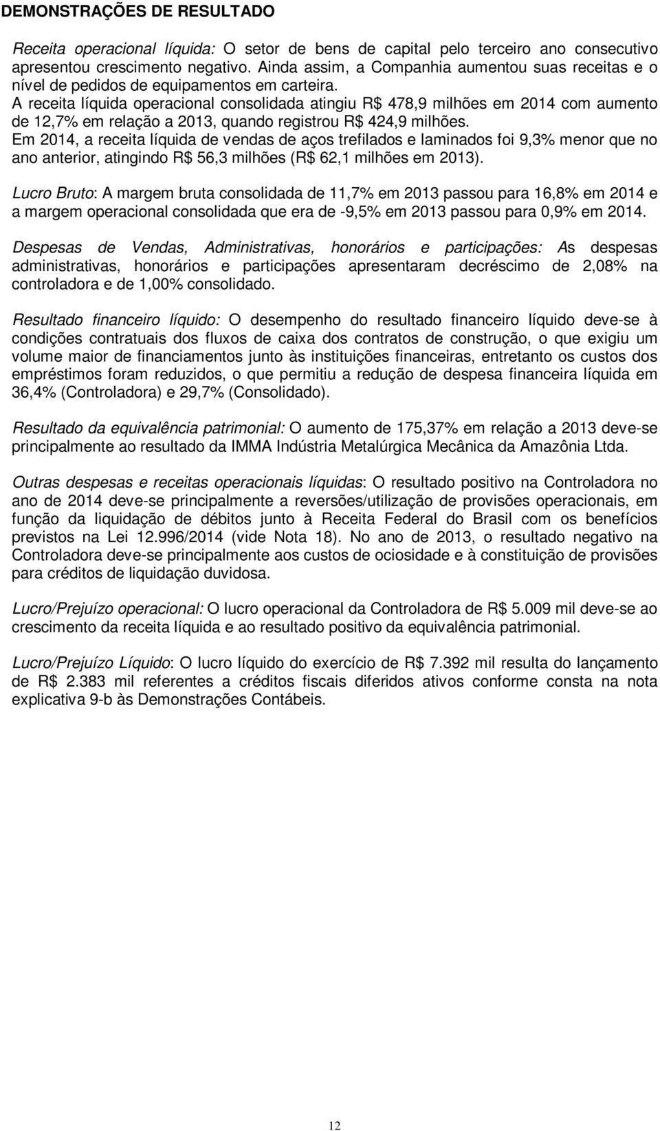 A receita líquida operacional consolidada atingiu R$ 478,9 milhões em 2014 com aumento de 12,7% em relação a 2013, quando registrou R$ 424,9 milhões.