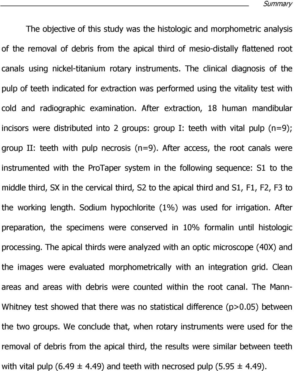 After extraction, 18 human mandibular incisors were distributed into 2 groups: group I: teeth with vital pulp (n=9); group II: teeth with pulp necrosis (n=9).