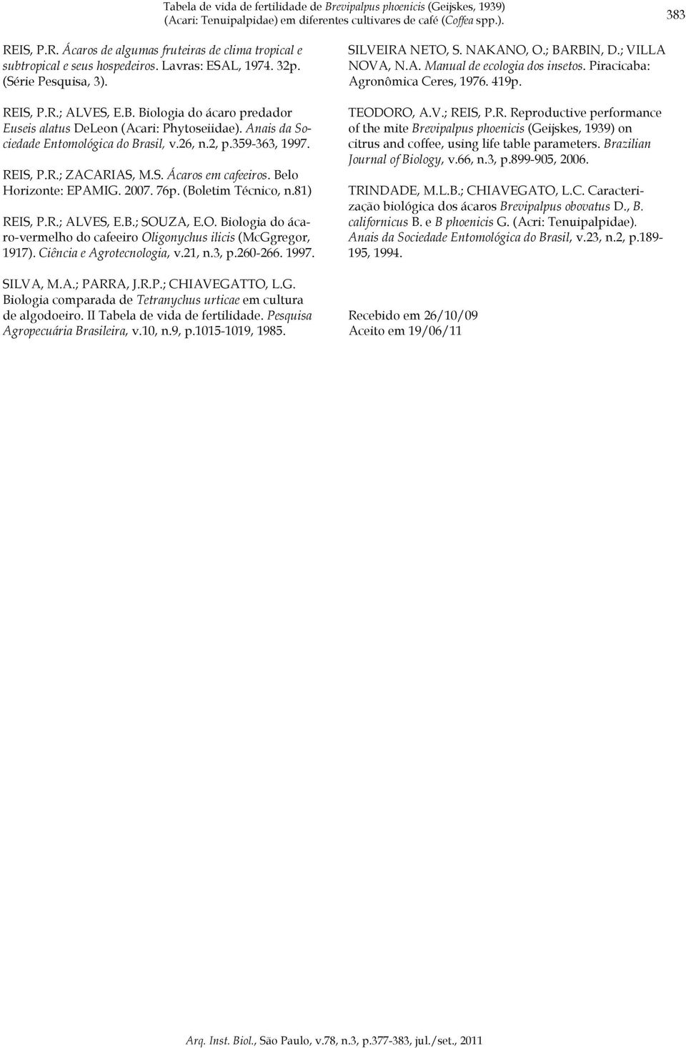 Belo Horizonte: EPAMIG. 2007. 76p. (Boletim Técnico, n.81) REIS, P.R.; ALVES, E.B.; SOUZA, E.O. Biologia do ácaro-vermelho do cafeeiro Oligonychus ilicis (McGgregor, 1917).