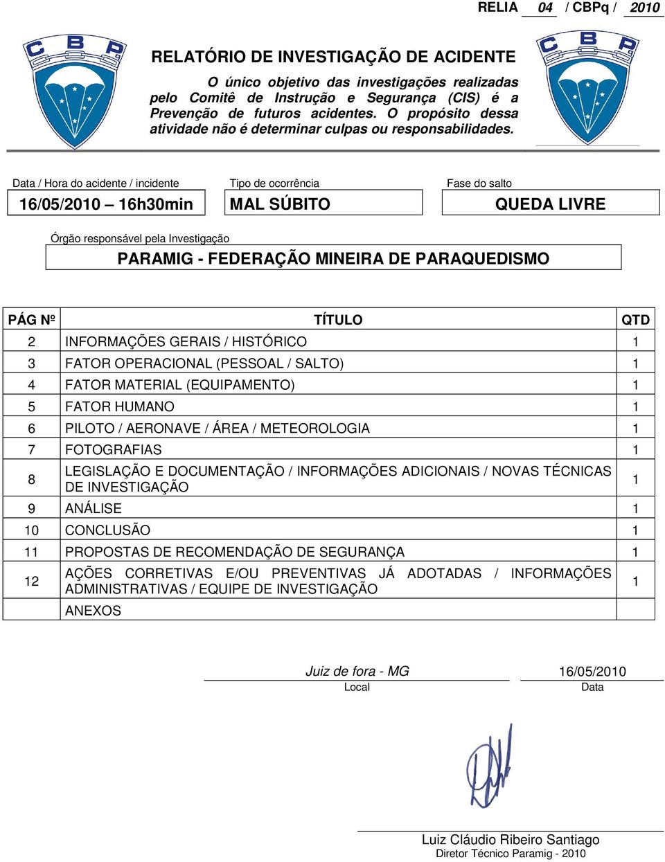 Data / Hora do acidente / incidente Tipo de ocorrência Fase do salto 16/05/2010 16h30min MAL SÚBITO QUEDA LIVRE Órgão responsável pela Investigação PARAMIG - FEDERAÇÃO MINEIRA DE PARAQUEDISMO PÁG Nº