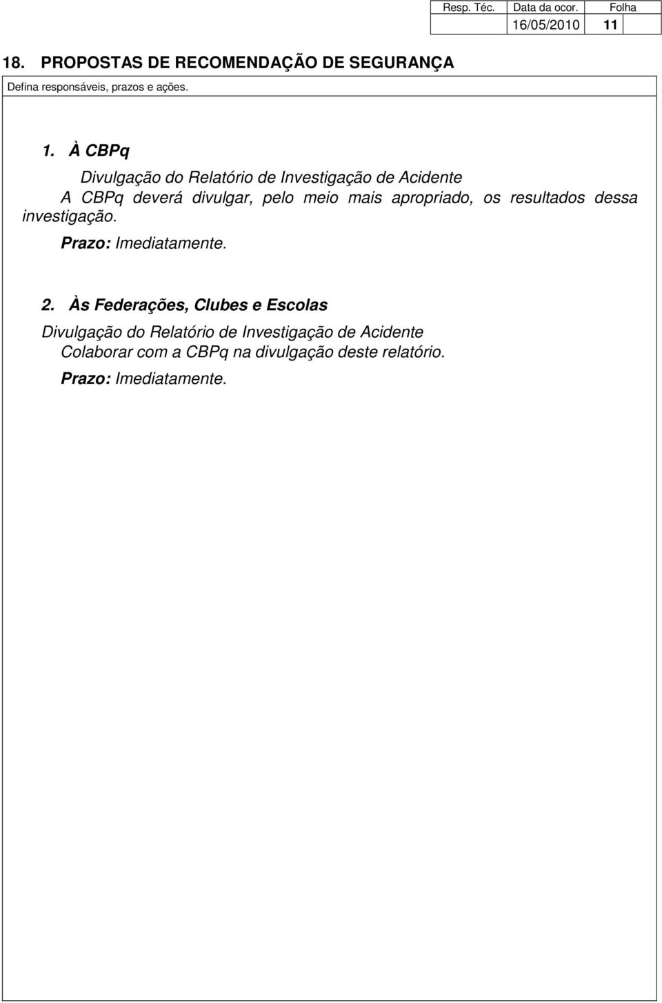 À CBPq Divulgação do Relatório de Investigação de Acidente A CBPq deverá divulgar, pelo meio mais apropriado, os