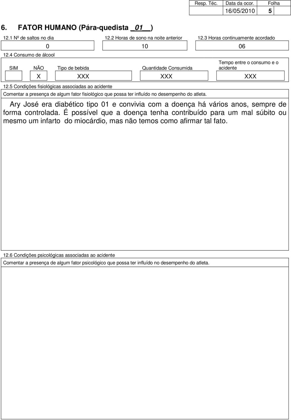 5 Condições fisiológicas associadas ao acidente Comentar a presença de algum fator fisiológico que possa ter influído no desempenho do atleta.