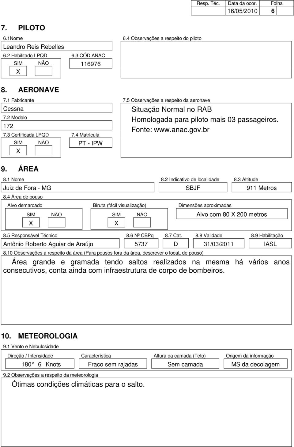 ÁREA 8.1 Nome 8.2 Indicativo de localidade 8.3 Altitude Juiz de Fora - MG SBJF 911 Metros 8.4 Área de pouso Alvo demarcado Biruta (fácil visualização) Dimensões aproximadas Alvo com 80 200 metros 8.