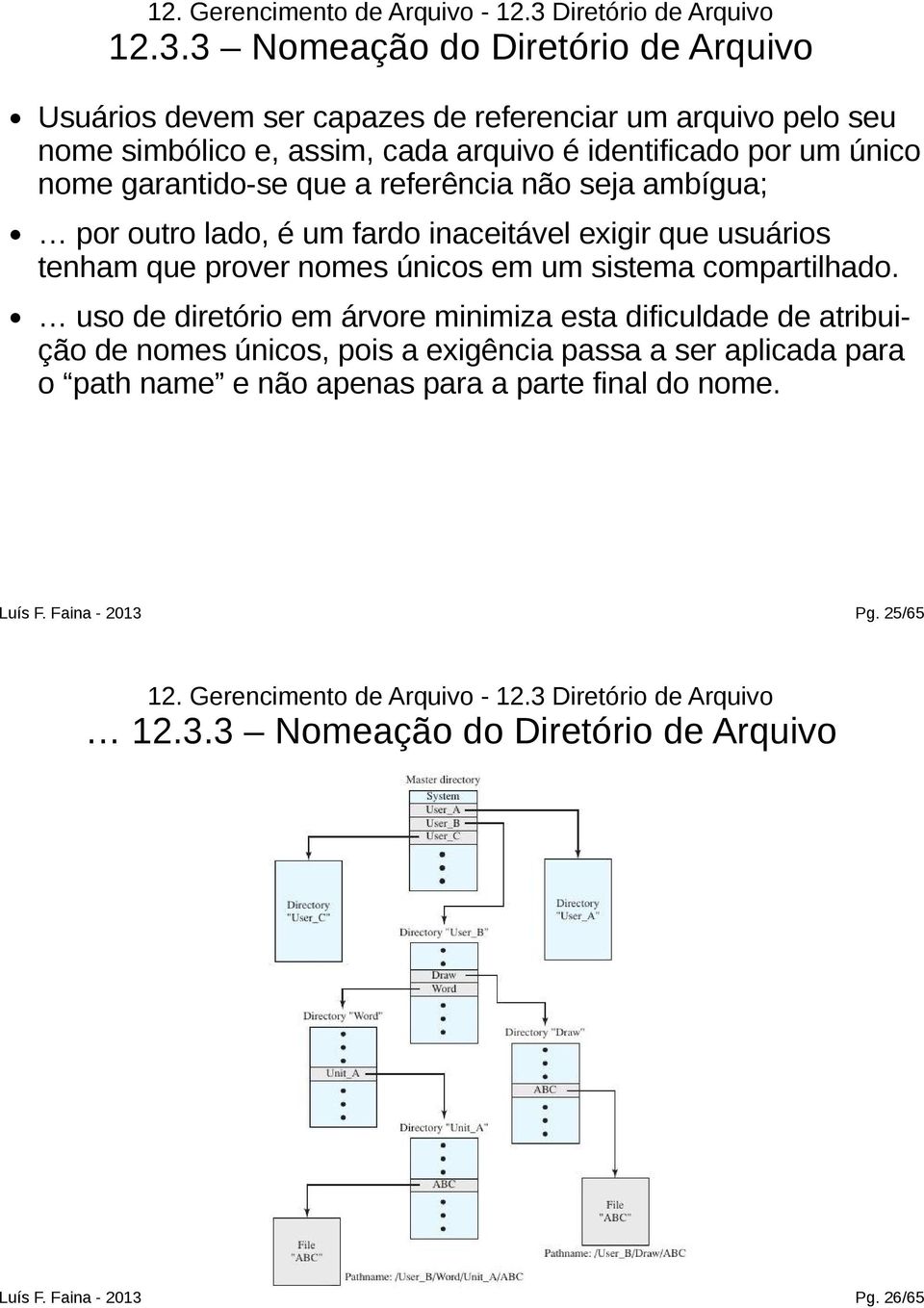 3 Nomeação do Diretório de Arquivo Usuários devem ser capazes de referenciar um arquivo pelo seu nome simbólico e, assim, cada arquivo é identificado por um único nome