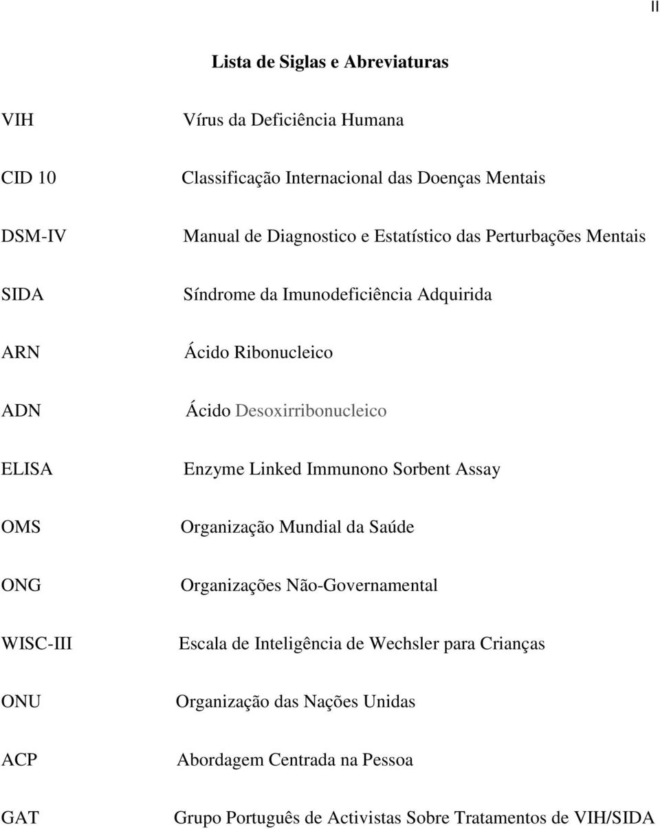 Desoxirribonucleico ELISA Enzyme Linked Immunono Sorbent Assay OMS Organização Mundial da Saúde ONG Organizações Não-Governamental WISC-III Escala