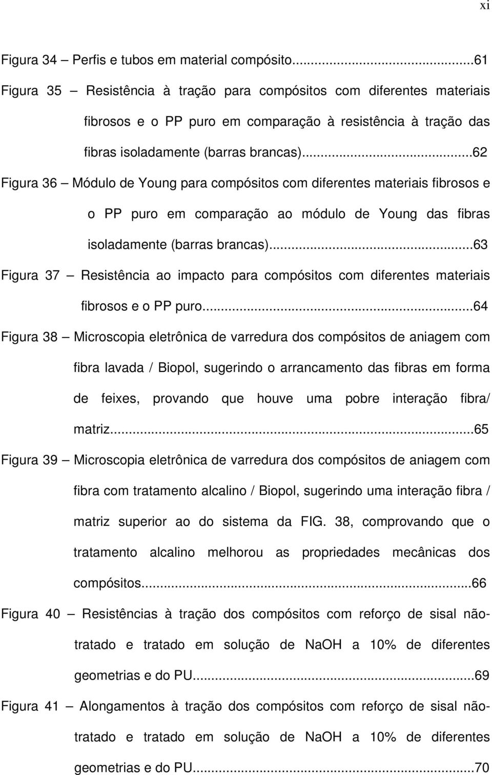 ..62 Figura 36 Módulo de Young para compósitos com diferentes materiais fibrosos e o PP puro em comparação ao módulo de Young das fibras isoladamente (barras brancas).