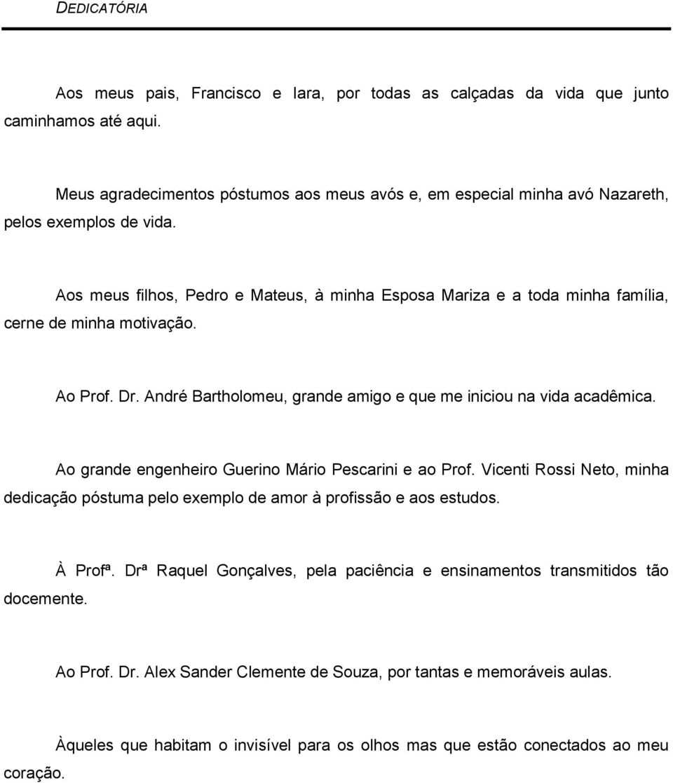 Aos meus filhos, Pedro e Mateus, à minha Esposa Mariza e a toda minha família, cerne de minha motivação. Ao Prof. Dr. André Bartholomeu, grande amigo e que me iniciou na vida acadêmica.