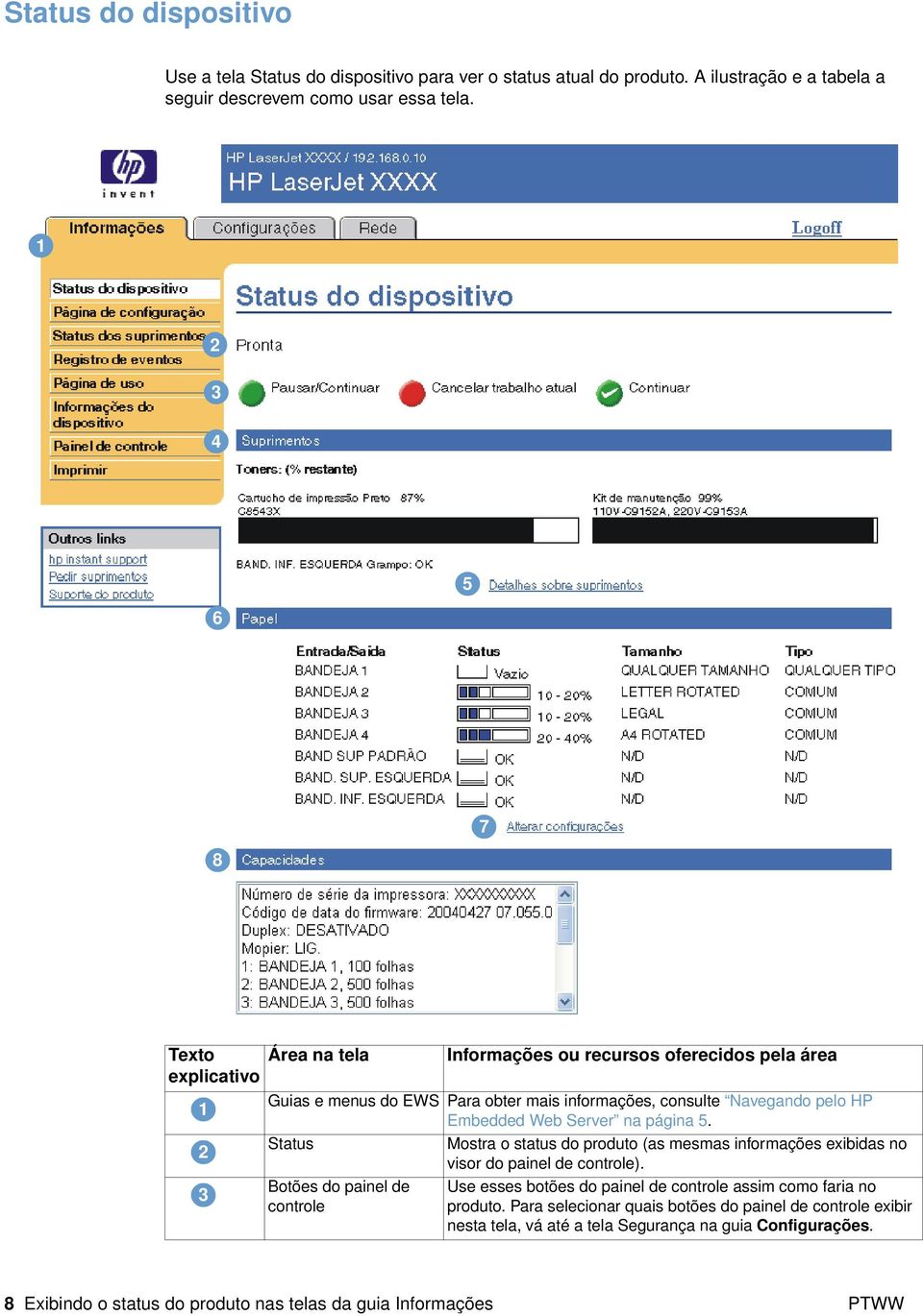 na página 5. Status Mostra o status do produto (as mesmas informações exibidas no visor do painel de controle).