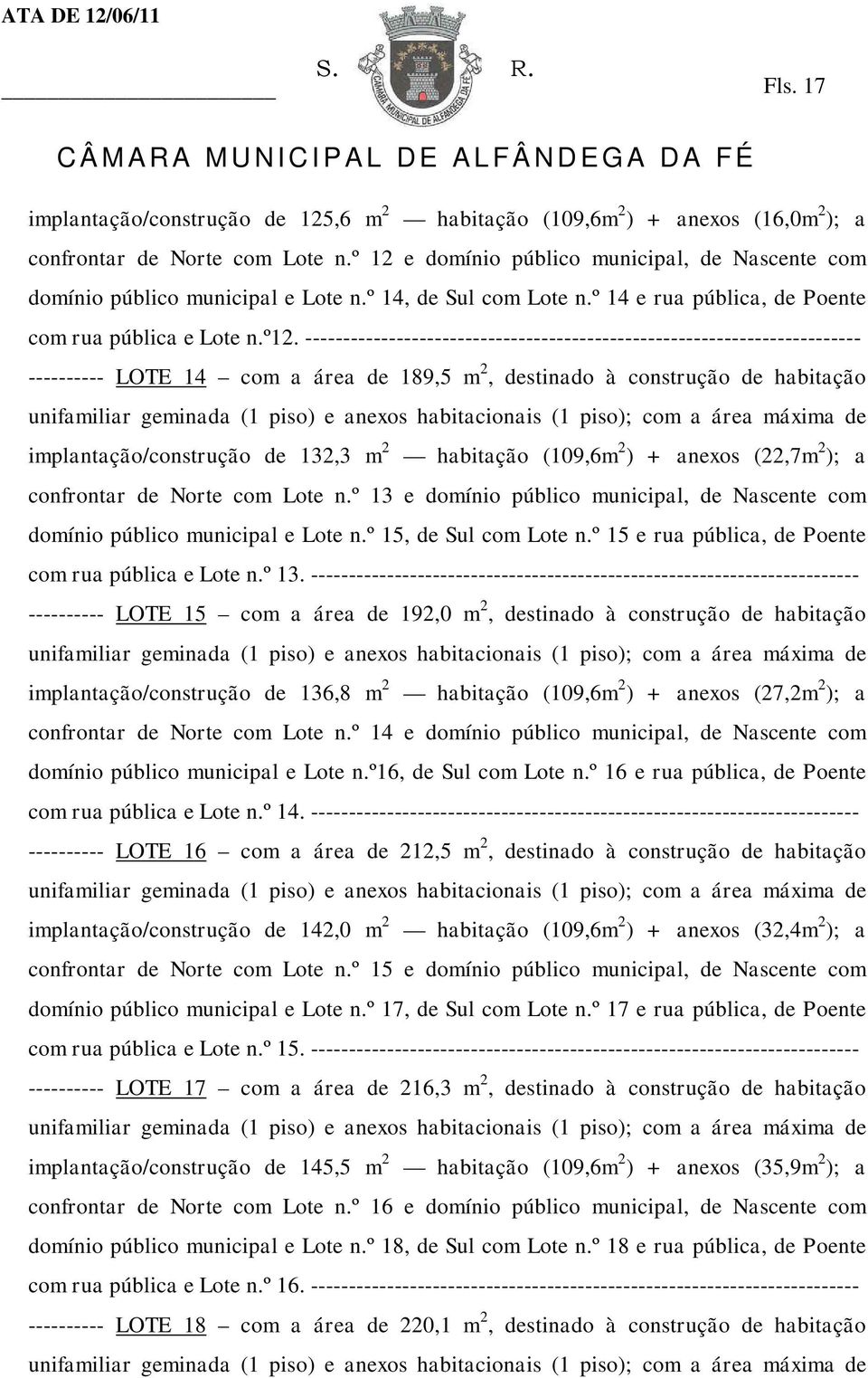 ------------------------------------------------------------------------- ---------- LOTE 14 com a área de 189,5 m 2, destinado à construção de habitação implantação/construção de 132,3 m 2 habitação