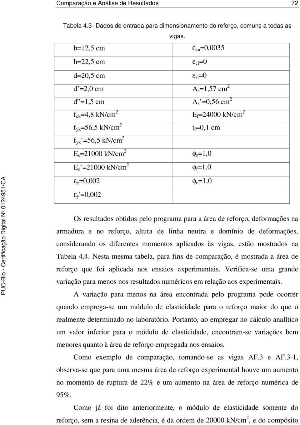 =21000 kn/cm 2 φ s =1,0 E s =21000 kn/cm 2 φ f =1,0 ε y =0,002 φ c =1,0 ε y '=0,002 Os resultados obtidos pelo programa para a área de reforço, deformações na armadura e no reforço, altura de linha