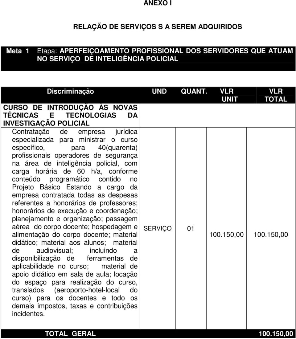 profissionais operadores de segurança na área de inteligência policial, com carga horária de 60 h/a, conforme conteúdo programático contido no Projeto Básico Estando a cargo da empresa contratada