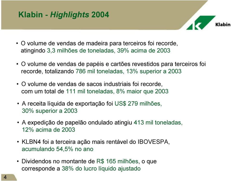 mil toneladas, 8% maior que 2003 A receita líquida de exportação foi US$ 279 milhões, 30% superior a 2003 A expedição de papelão ondulado atingiu 413 mil toneladas, 12%