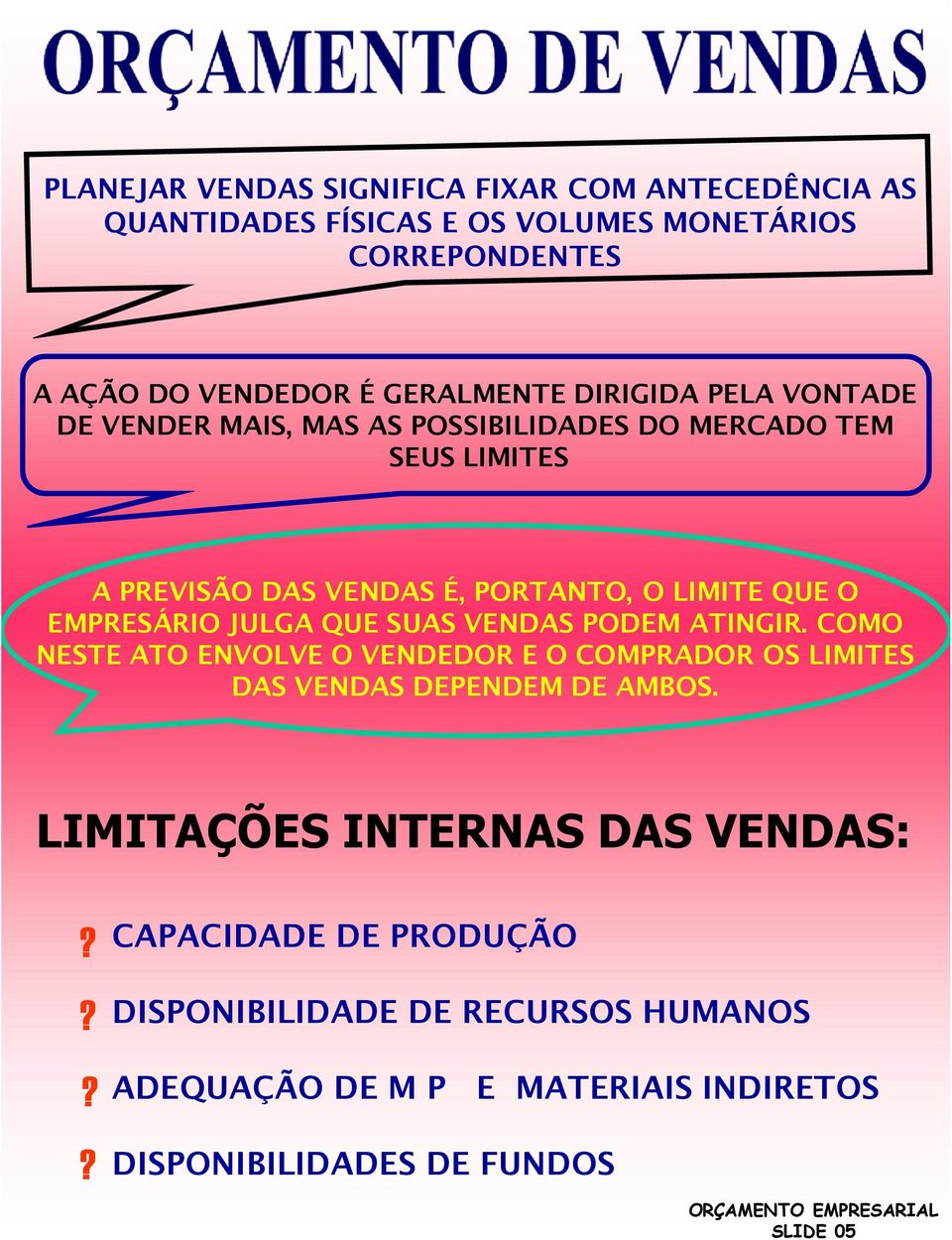 EMPRESÁRIO JULGA QUE SUAS VENDAS PODEM ATINGIR. COMO NESTE ATO ENVOLVE O VENDEDOR E O COMPRADOR OS LIMITES DAS VENDAS DEPENDEM DE AMBOS.