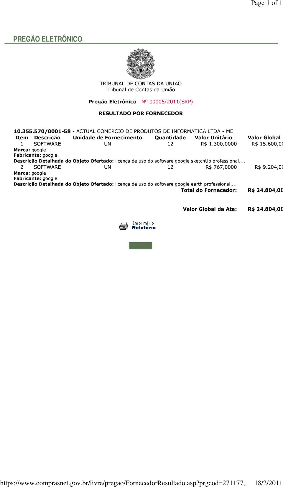 570/0001-58 - ACTUAL COMERCIO DE PRODUTOS DE INFORMATICA LTDA - ME Item Descrição Unidade de Fornecimento Quantidade Valor Unitário Valor Global 1 SOFTWARE UN 12 R$ 1.300,0000 R$ 15.