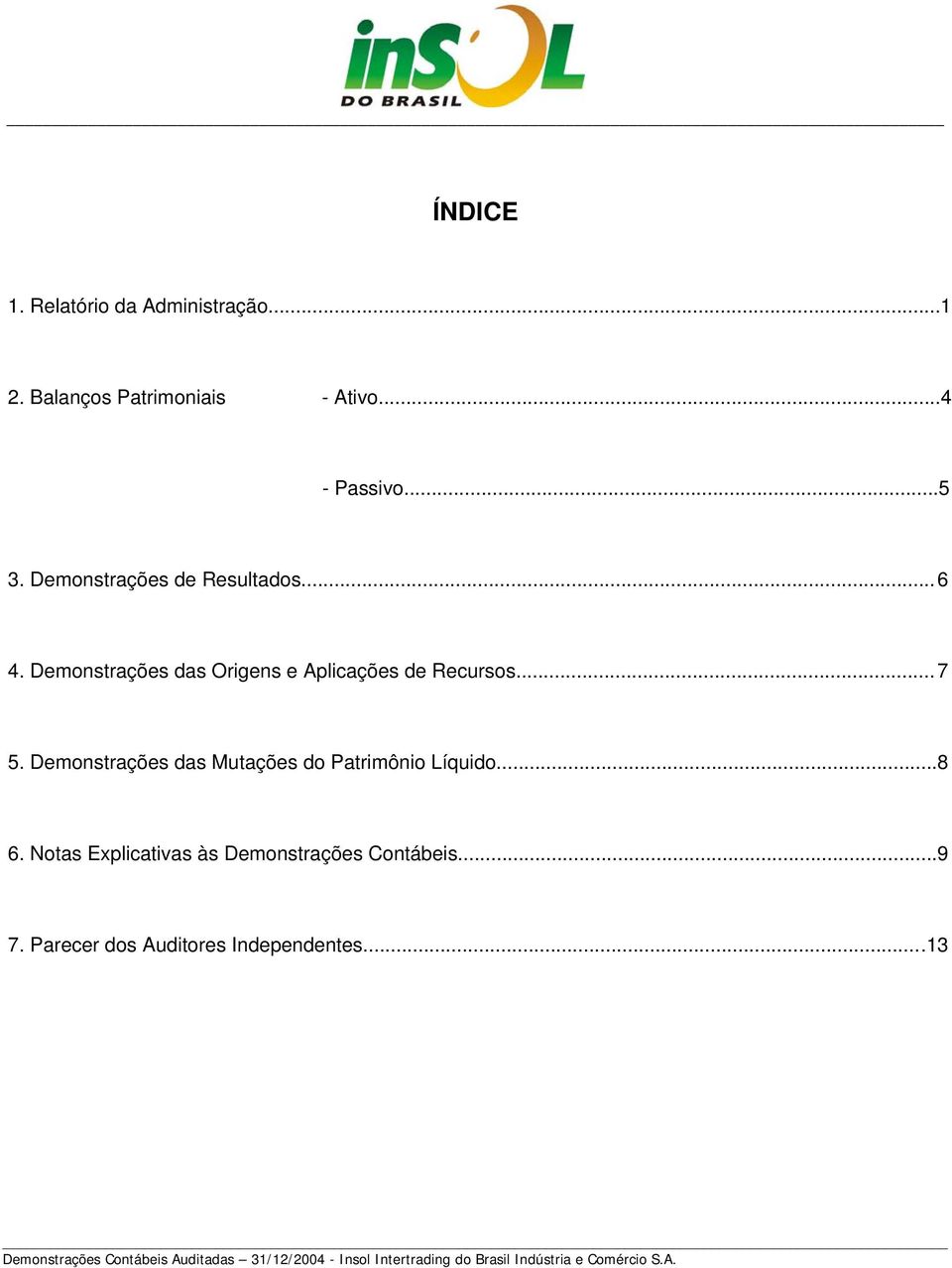 Demonstrações das Mutações do Patrimônio Líquido... 8 6. Notas Explicativas às Demonstrações Contábeis... 9 7.