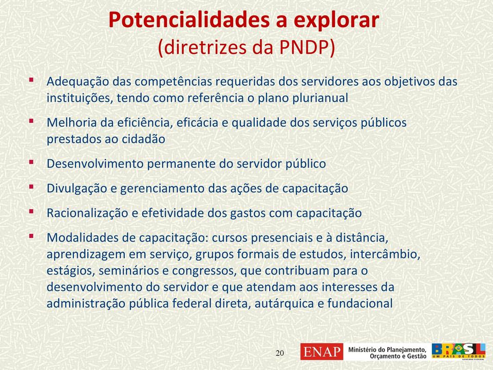 capacitação Racionalização e efetividade dos gastos com capacitação Modalidades de capacitação: cursos presenciais e à distância, aprendizagem em serviço, grupos formais de estudos,