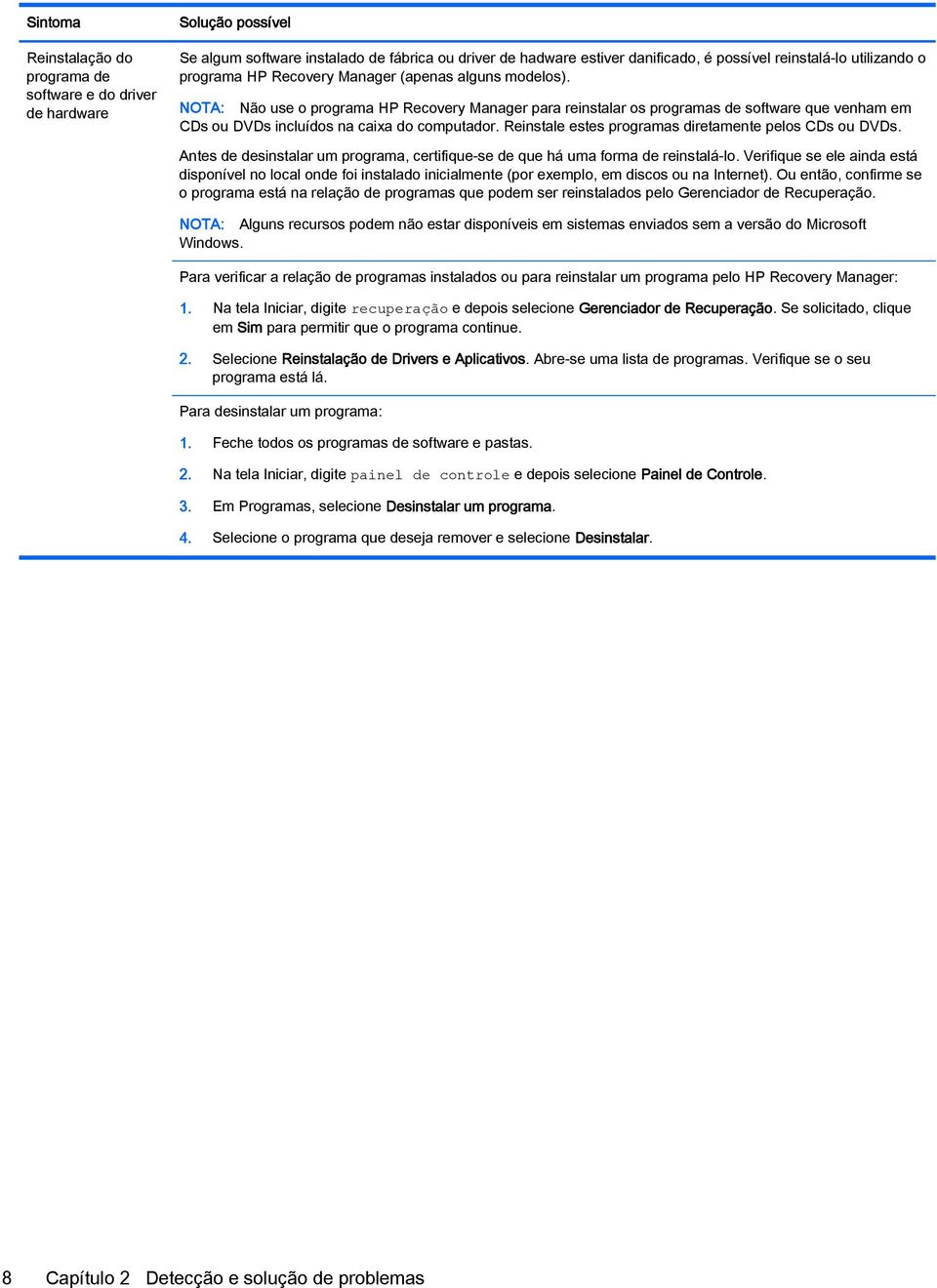 Reinstale estes programas diretamente pelos CDs ou DVDs. Antes de desinstalar um programa, certifique-se de que há uma forma de reinstalá-lo.