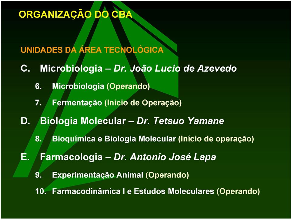 Tetsuo Yamane 8. Bioquímica e Biologia Molecular (Início de operação) E. Farmacologia Dr.