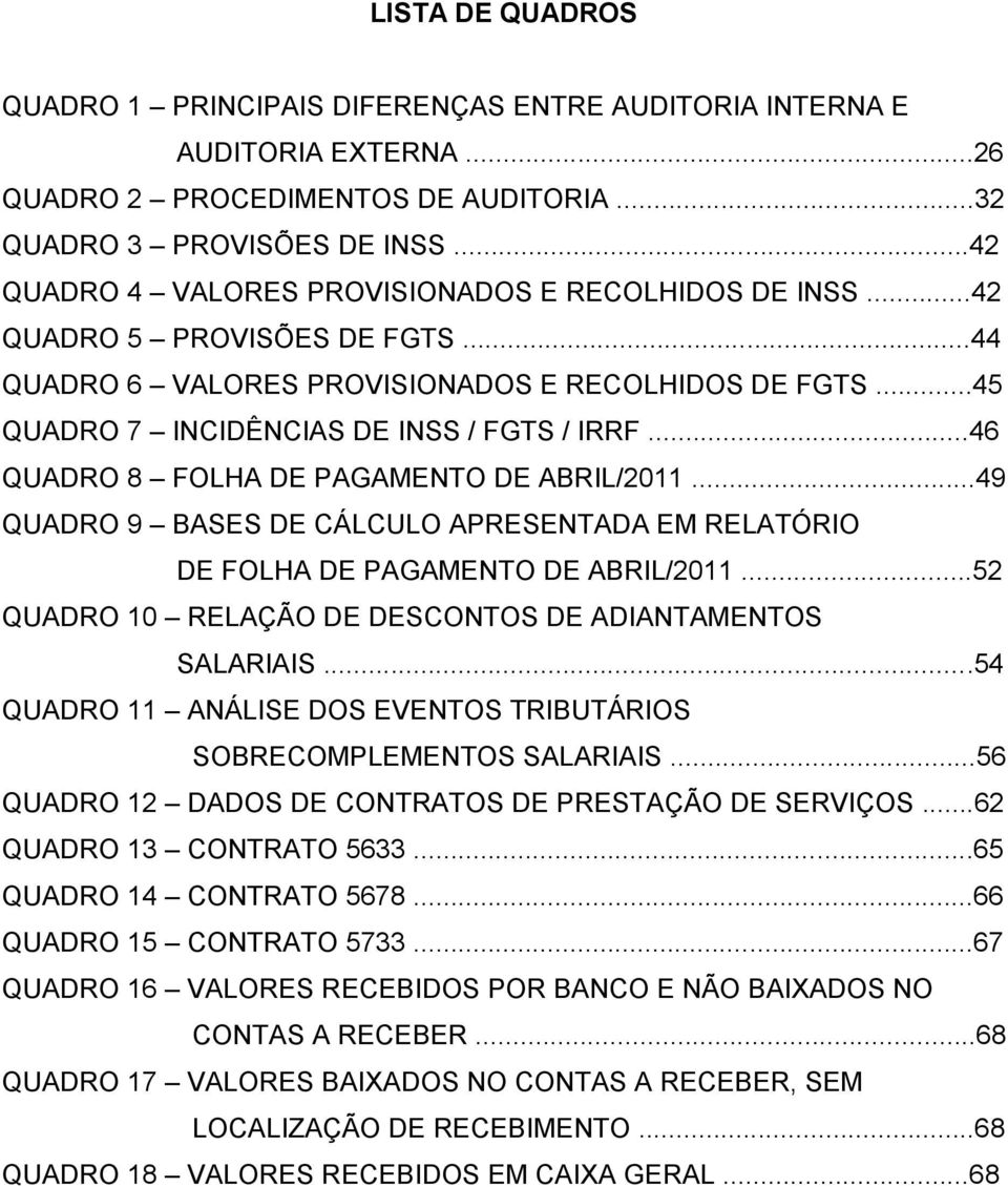 ..46 QUADRO 8 FOLHA DE PAGAMENTO DE ABRIL/2011...49 QUADRO 9 BASES DE CÁLCULO APRESENTADA EM RELATÓRIO DE FOLHA DE PAGAMENTO DE ABRIL/2011...52 QUADRO 10 RELAÇÃO DE DESCONTOS DE ADIANTAMENTOS SALARIAIS.